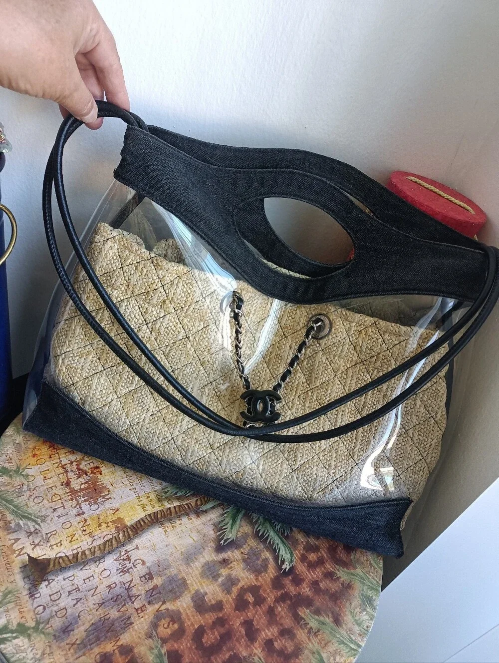 Chanel 31 Shopping Clear PVC Bag with A Beige Pouch Insert and Black Denim Trim